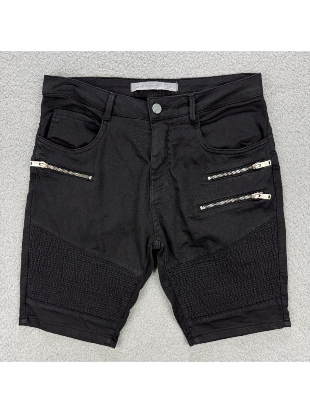 Zara Man Shorts Mens 31 Black Skinny Fit Moto Biker Zipper Ribbed Streetwear